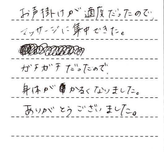 お声掛けが適度だったので、マッサージに集中できた。ガチガチだったので、身体が軽くなりました。ありがとうございました。