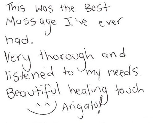 This was the best massage I've ever had.Very thorough and listened to my needs.Beautiful healing touch^^Arigato!